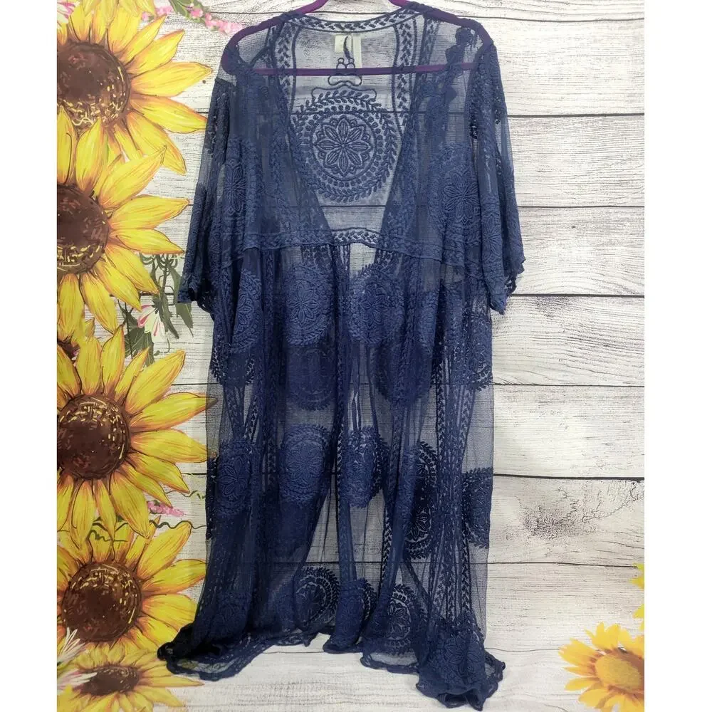 Forgotten Grace Long Lace Boho‎ Swim Cover Up Navy Blue Size 3X